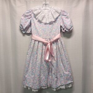 Vtg 80s 90s Jayne Copeland Girls 8 Floral Print Party Dress Puff Sleeve Easter